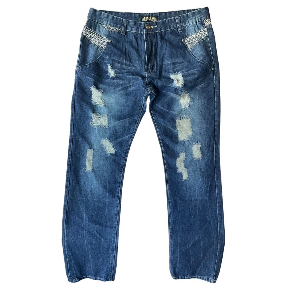 City Ink Men Waxed & Ripped Denim Straight Leg Jeans size 36 x 32, Blue